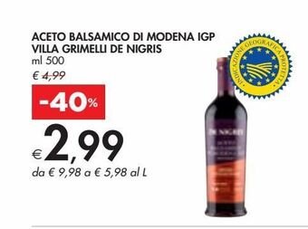 Bennet Aceto balsamico di modena igp villa grimelli de nigris ml 500 offerta