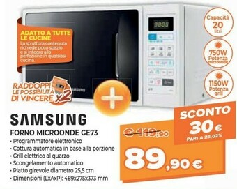Expert Samsung GE73A Piano Di Lavoro Microonde Con Grill 20L 750W Bianco Forno A Microonde offerta