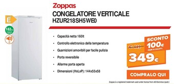 Expert Zoppas Congelatore Verticale HZUR218SH5WE0 offerta