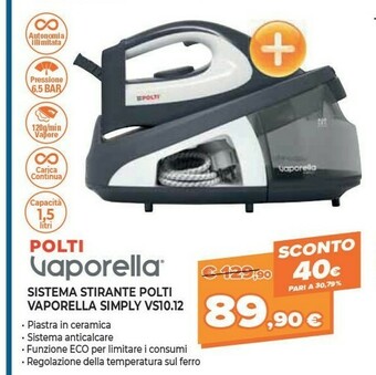 Expert Polti Vaporella Simply VS10.12 2200 W 1.5 L Ceramic Soleplate Black,Grey,White offerta