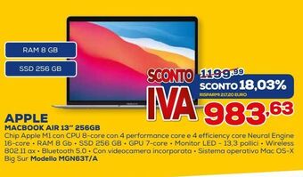 Euronics Macbook air m1 256g mgn63t/a offerta