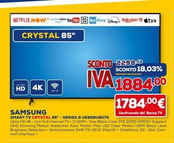 Euronics Samsung smart tv crystal 85" - series 8 ue85bu8070 offerta