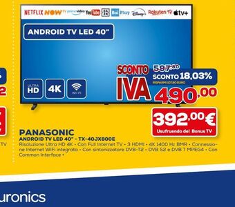 Euronics Android tv led 40'' panasonic offerta