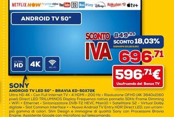 Euronics Sony android tv led 50'' bravia kd 50x72k offerta