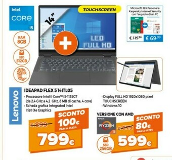Expert Lenovo IdeaPad Flex 5 14ITL05 DDR4-SDRAM Computer Portatile 35,6 Cm (14") 1920 X 1080 Pixel Touch Screen Intel® Core™ I5 Di U offerta