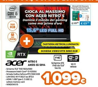 Expert Acer Nitro 5 AN515-55-59V4 DDR4-SDRAM Computer Portatile 39,6 Cm (15.6") 1920 X 1080 Pixel Intel® Core™ I5 Di Decima Generazi offerta