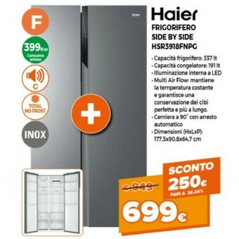 Expert Haier SBS 90 Serie 3 HSR3918FNPG Frigorifero Side-by-side Libera Installazione 528 L F Argento offerta