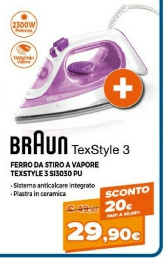 Expert Braun TexStyle 3 SI 3030 Ferro Da Stiro A Secco E A Vapore Ceramic Ultra Glide Soleplate 2300 W Rosa offerta