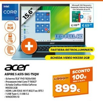 Expert Acer Acer Aspire 5 A515-56G-77W1 DDR4-SDRAM Computer Portatile 39,6 Cm (15.6") 1920 X 1080 Pixel Intel® Core™ I7 Di Undicesim offerta