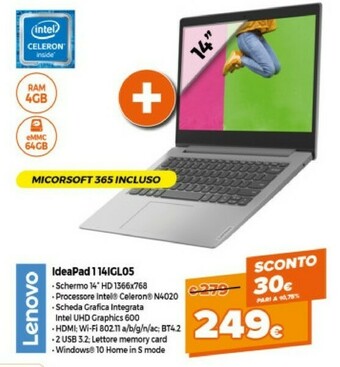 Expert Lenovo Lenovo IdeaPad 1 14IGL05 Computer Portatile 35,6 Cm (14") 1366 X 768 Pixel Intel® Celeron® N 4 GB DDR4-SDRAM 64 GB EMM offerta