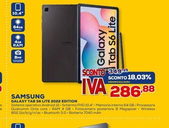 Euronics Samsung galaxy tab s6 lite 2022 edition offerta