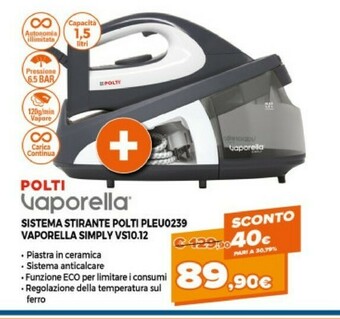 Expert Polti Polti Vaporella Simply VS10.12 2200 W 1.5 L Ceramic Soleplate Black,Grey,White offerta