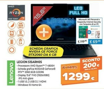 Expert Lenovo Legion 5 15ARH05H Computer Portatile 39,6 Cm (15.6") 1920 X 1080 Pixel AMD Ryzen 7 4th Gen 16 GB DDR4-SDRAM 512 GB SSD offerta