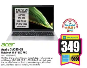 Dacia acer Aspire 3 A315-35 Notebook 15.6" LED FHD offerta