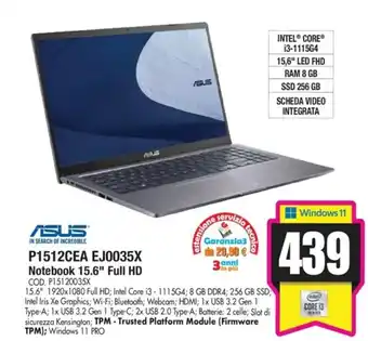 Dacia Asus P1512CEA EJ0035X Notebook 15.6" Full HD offerta