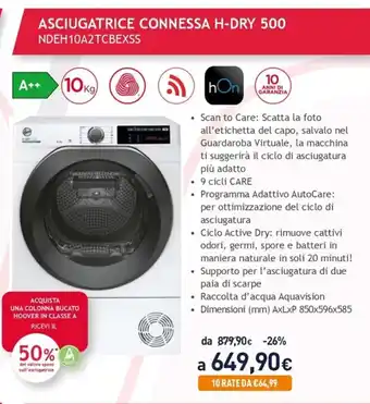 Unieuro Hoover Asciugatrice Connessa H-Dry 500 offerta