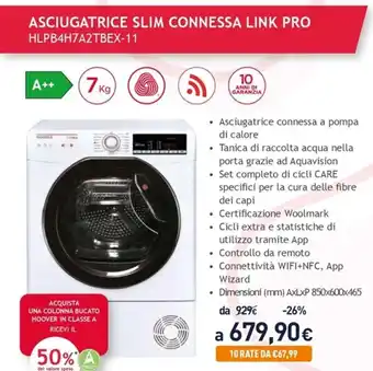 Unieuro Hoover Asciugatrice Slim Connessa Link Pro offerta