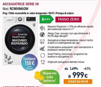 Unieuro LG Asciugatrice Serie V9 RC90V9AV2W offerta