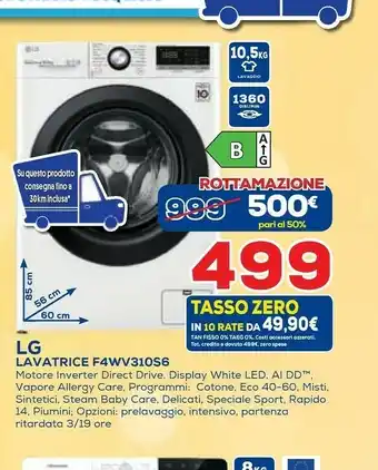 Euronics LG F4WV310S6E Lavatrice Libera Installazione Caricamento Frontale 10,5 Kg 1400 Giri/min B Bianco offerta