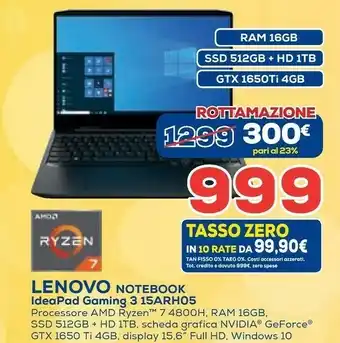 Euronics Lenovo IdeaPad Gaming 3 15ARH05 Computer Portatile 39,6 Cm (15.6") 1920 X 1080 Pixel AMD Ryzen 7 4th Gen 8 GB DDR4-SDRAM 512 offerta