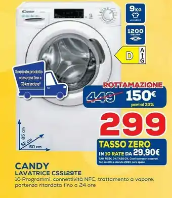 Euronics Candy Smart CSS129TE-11 Lavatrice Libera Installazione Caricamento Frontale 9 Kg 1200 Giri/min D Bianco offerta