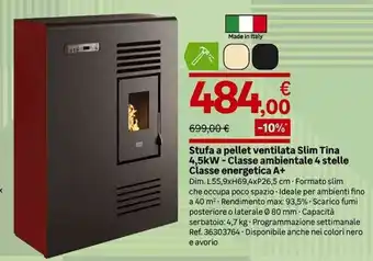 Leroy Merlin Stufa a pellet ventilata Slim Tina 4,5kW - Classe ambientale 4 stelle Classe energetica A+ offerta