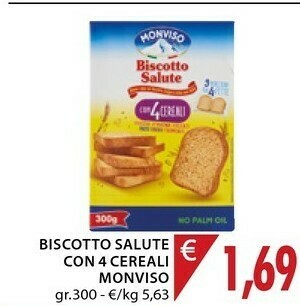 Mercatò Monviso Biscotto Salute Integrale Con 4 Cereali 300 G(ml) offerta