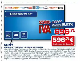 Euronics Android tv led 50'' sony offerta