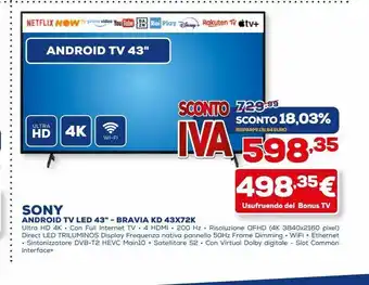 Euronics Android tv led 43'' sony offerta