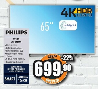 Unieuro Philips 65PUS7855/12 TV 165,1 Cm (65") 4K Ultra HD Smart TV Wi-Fi Argento offerta