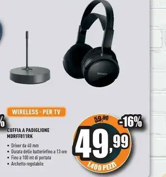 Unieuro Sony Cuffia A Padiglione MDR FF811RK offerta