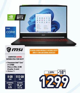 Unieuro MSI Computer Gaming Katana GF66 12UD-061IT offerta
