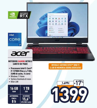 Unieuro Acer Notebook Gaming Nitro 5 (AN515-58-75QD) offerta