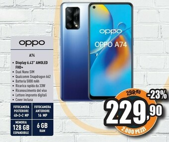 Unieuro Oppo A74 Smartphone, 175g, Display 6.43" FHD+ AMOLED, 4 Fotocamere 48MP, RAM 6GB + ROM 128GB Espandibile, Batteria 5000mAh, R offerta