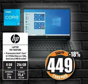 Unieuro HP 15s-fq2015nl DDR4-SDRAM Computer Portatile 39,6 Cm (15.6") 1920 X 1080 Pixel Intel® Core™ I3 Di Undicesima Generazione 8 G offerta
