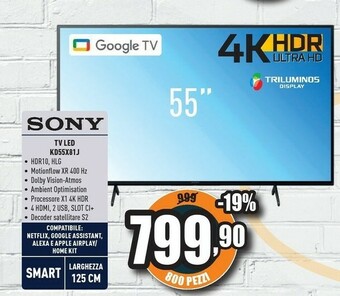 Unieuro Sony BRAVIA KD55X81J - Smart Tv 55 Pollici, 4k Ultra HD LED, HDR, Con Google TV (Nero, Modello 2021) offerta