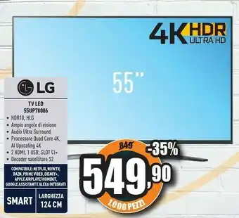 Unieuro LG 55UP78006LB 55" Smart TV 4K Ultra HD NOVITÀ 2021 Wi-Fi Processore Quad Core 4K AI Sound offerta