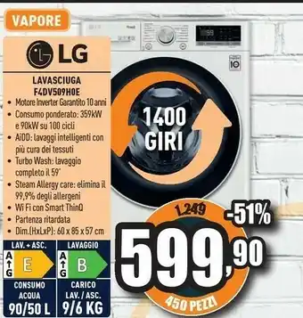 Unieuro LG F4DV509H0E Lavasciuga Libera Installazione Caricamento Frontale Bianco E offerta
