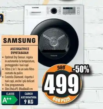 Unieuro Samsung DV90TA040AH Asciugatrice Libera Installazione Caricamento Frontale Bianco 9 Kg A++ offerta