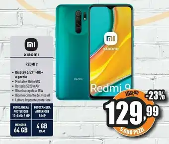 Unieuro Xiaomi Redmi 9 16,6 Cm (6.53") 4 GB 64 GB 4G USB Tipo-C Verde 5020 MAh offerta