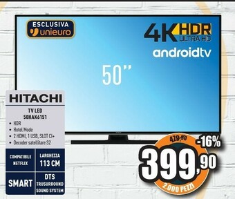 Unieuro Hitachi 50HAK6151 TV 127 Cm (50") 4K Ultra HD Smart TV Wi-Fi Nero offerta