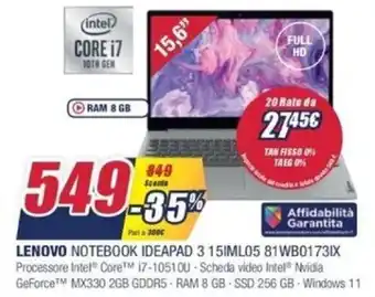 Trony Lenovo Notebook Ideapad 3 15IML05 81WB0173IX offerta