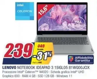 Trony Lenovo Notebook IdeaPad 3 151GL05 81WQ00JCIX offerta