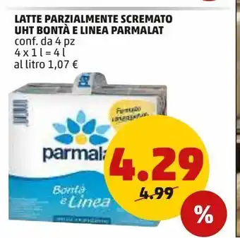 PENNY Latte parzialmente scremato uht bonta e linea parmalat offerta