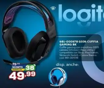 Euronics Logitech 981-000978 G335 Cuffia Gaming BK offerta