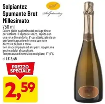 Supermercati Piccolo Solpiantez Spumante Brut Millesimato 750 ml offerta
