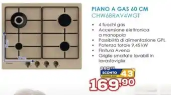 Euronics Candy Piano A Gas 60 Cm CHW6BRAV4WGT offerta