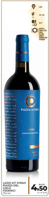 Conad Lazio IGT Syrah Piazza Del Cielo Federici 750 ml offerta