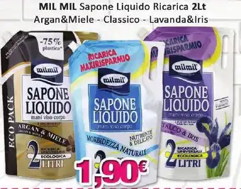 Mil Mil Sapone Liquido Ricarica 2Lt Argan&Miele - Classico - Lavanda&Iris