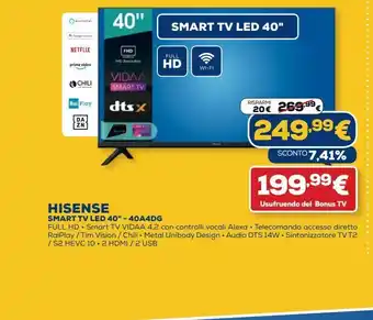 Euronics Smart tv led 40'' hisense - 40a4dg offerta